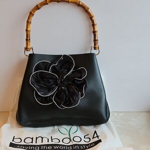 BAMBOO 54 Black Recycle Rubbers Shoulder Bag with Bamboo Handle